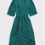 Gathered Dress - Vintage Green Stitch Print