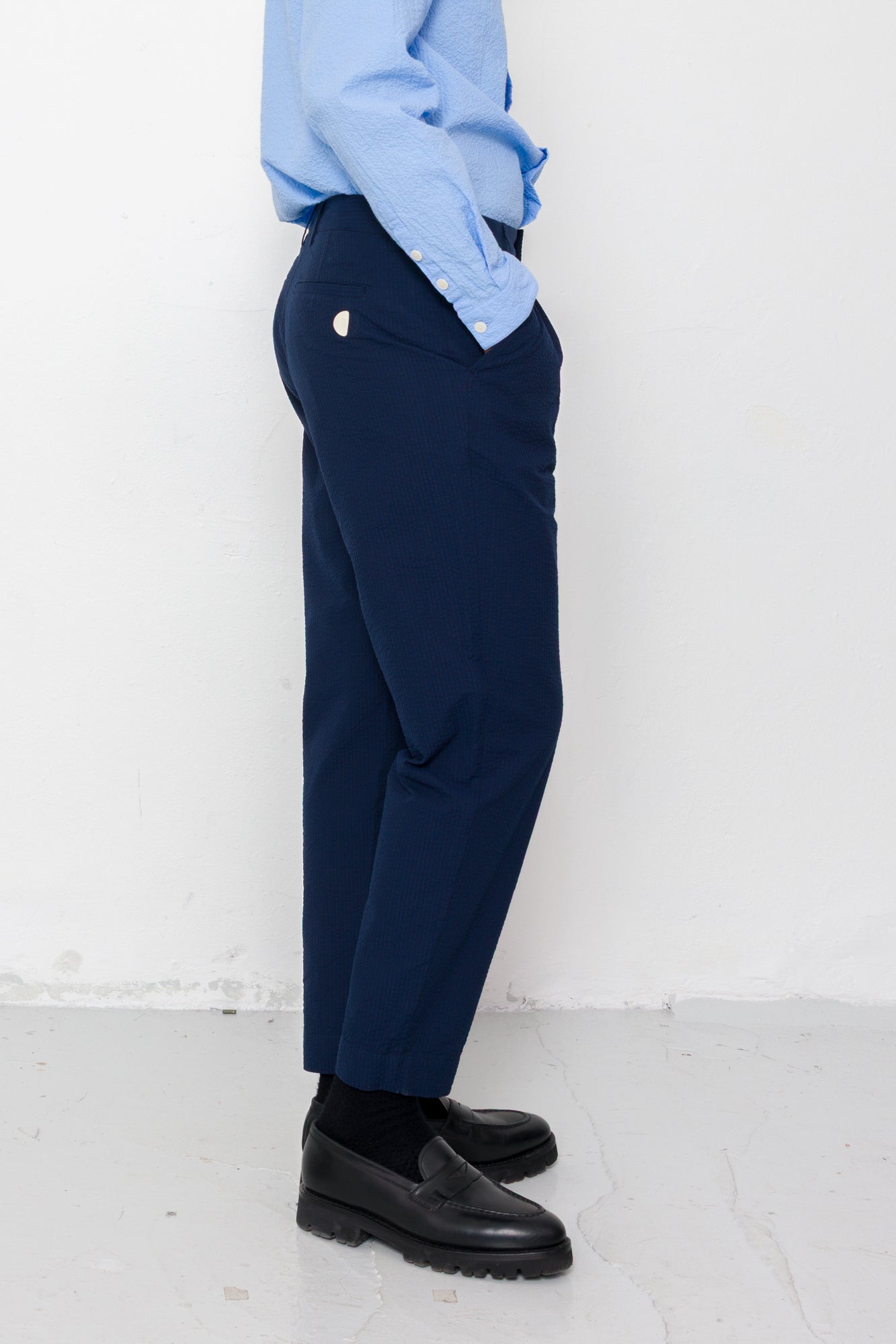 Folk | Folk Assembly Suit Trouser - Navy Crinkle Stripe