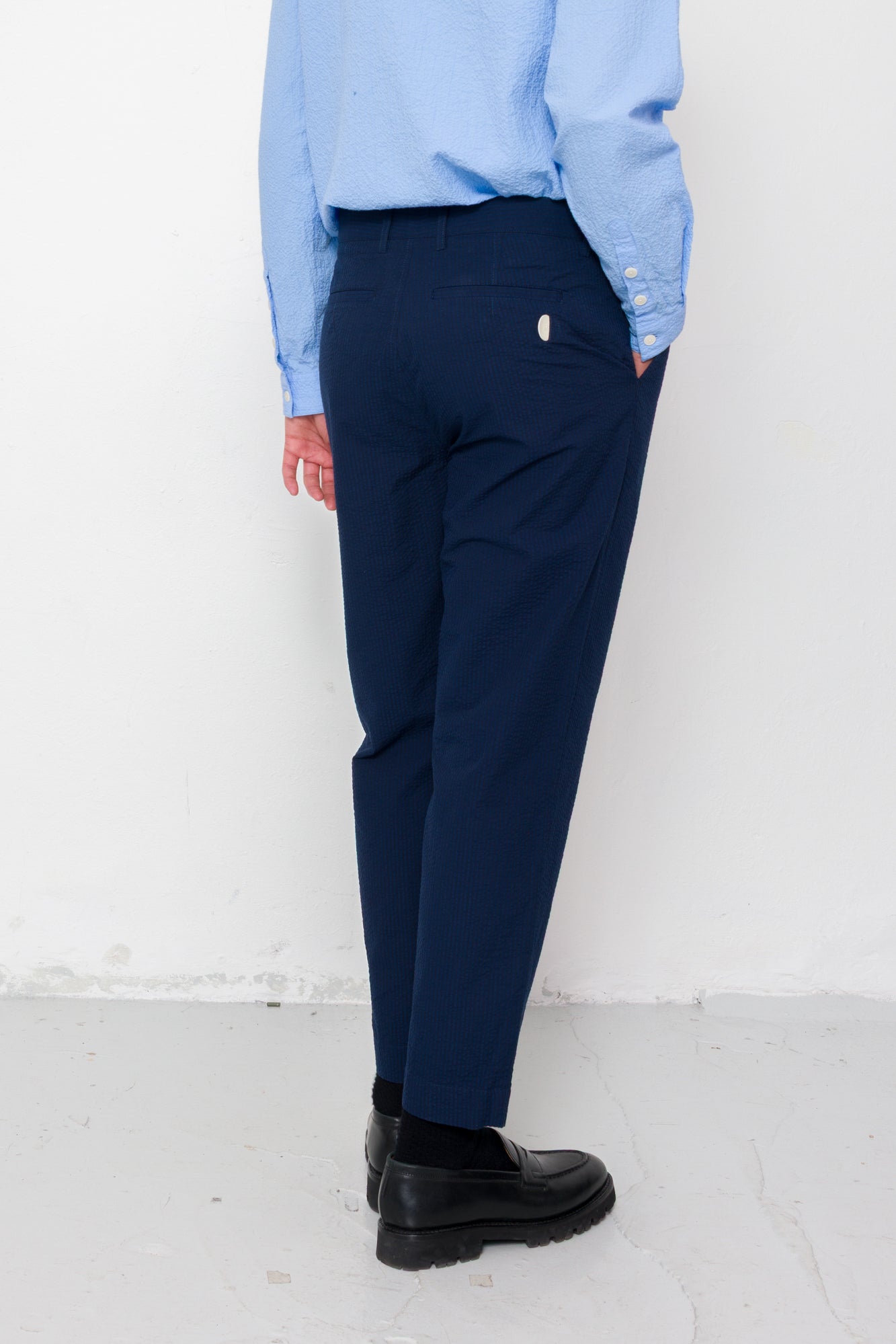 Folk | Folk Assembly Suit Trouser - Navy Crinkle Stripe