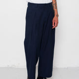 Person wearing navy pleated pants and black shoes on a white background