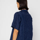 Folk | Folk Short Sleeve Soft Collar Shirt - Dark Navy Cutwork Stripe