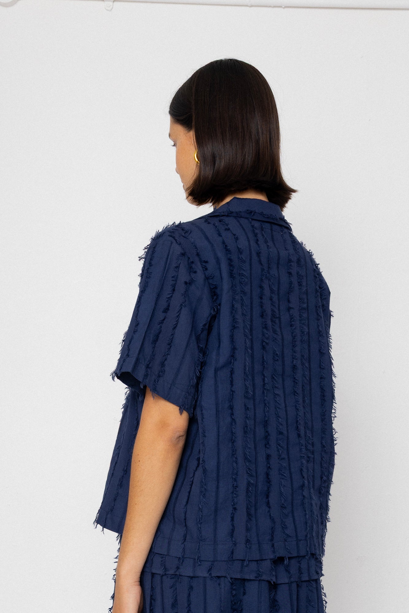 Folk | Folk Short Sleeve Soft Collar Shirt - Dark Navy Cutwork Stripe