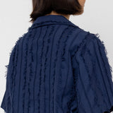 Folk | Folk Short Sleeve Soft Collar Shirt - Dark Navy Cutwork Stripe