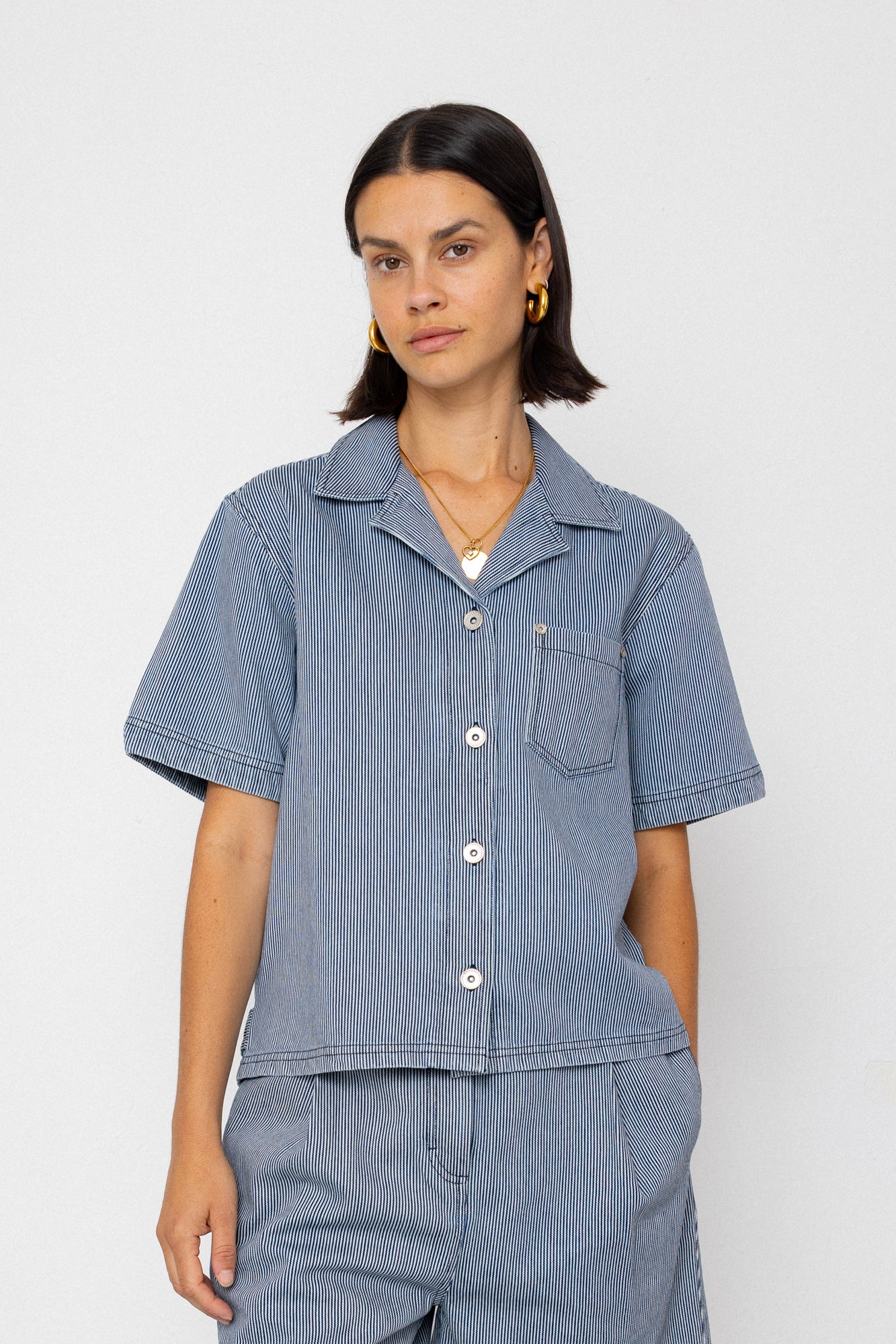 Folk | Folk Workers Short Sleeve Shirt - Indigo Ticking Stripe