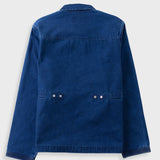 A blue denim jacket shown from the back, featuring a collar, long sleeves, and two buttoned flap pockets near the lower back, photographed against a light gray background.