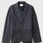 Dark grey blazer laid flat against a light grey background