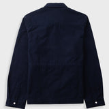 A dark navy blue long-sleeve shirt jacket shown from the back, featuring a buttoned collar and button cuffs, displayed on a light gray background.