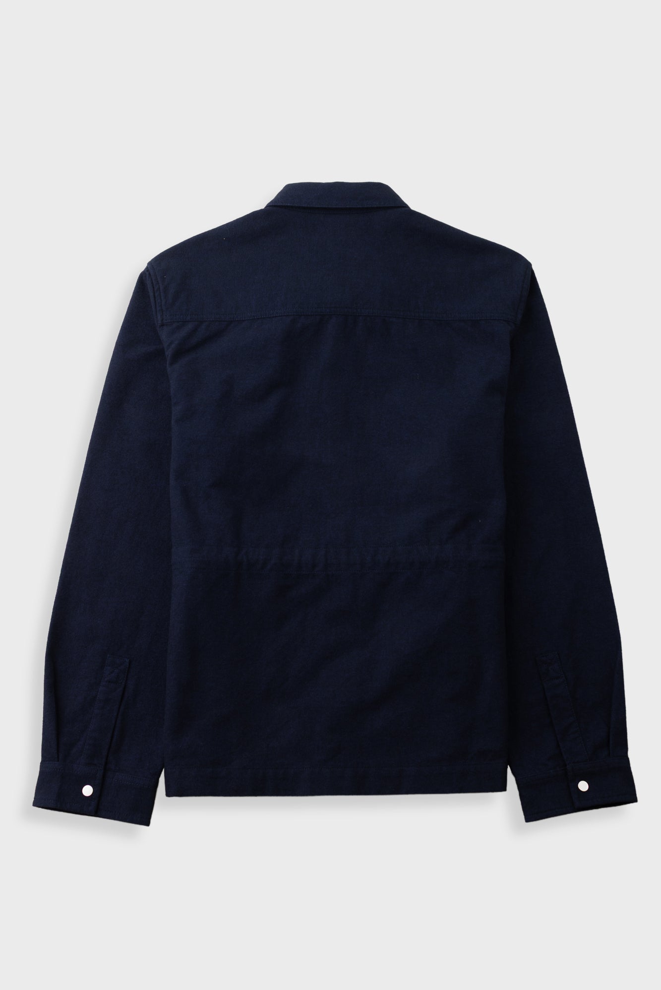 A dark navy blue long-sleeve shirt jacket shown from the back, featuring a buttoned collar and button cuffs, displayed on a light gray background.