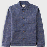 A textured blue and gray heathered wool-blend jacket with a pointed collar, brown buttons, and a chest pocket, shown flat on a light gray background.