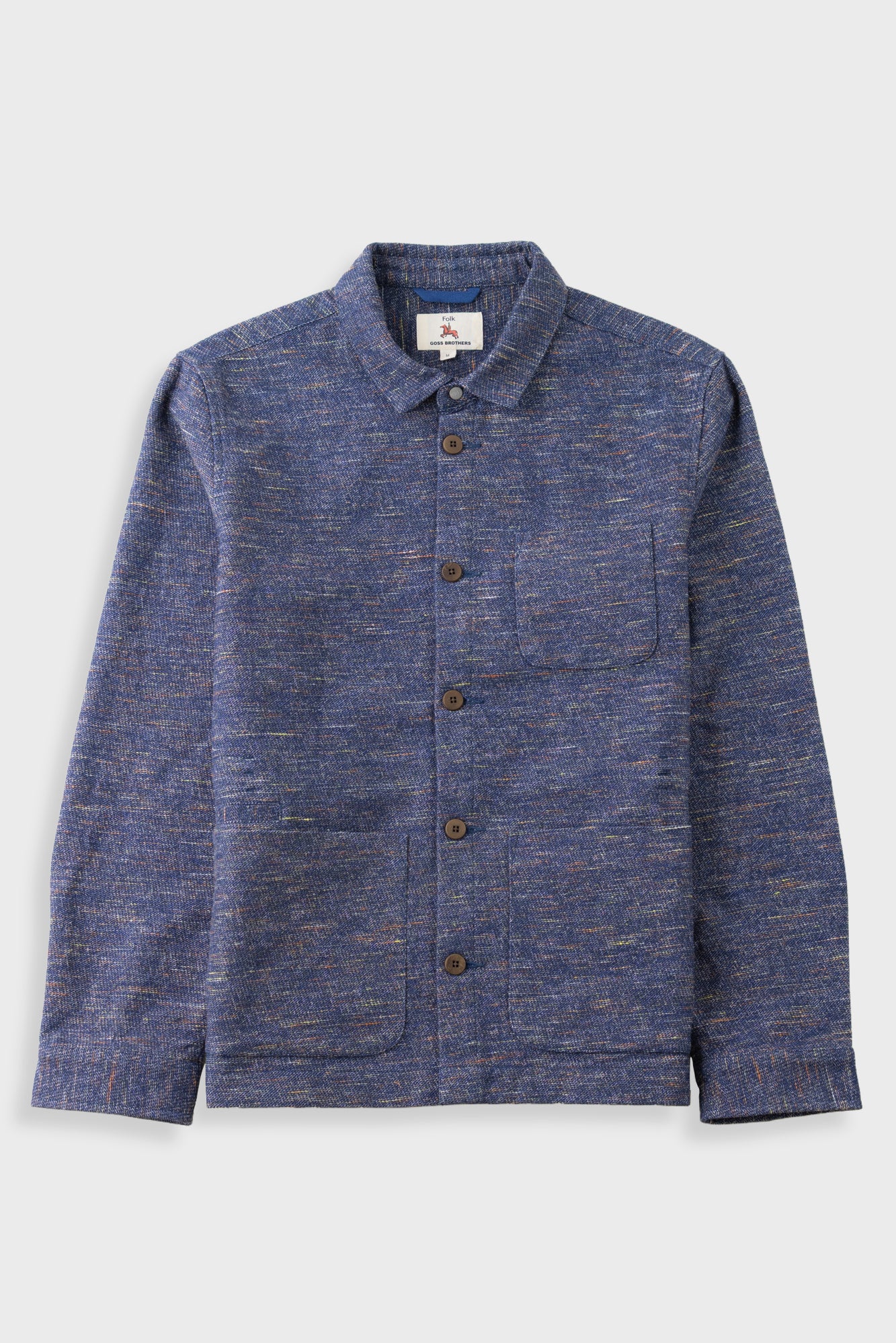A textured blue and gray heathered wool-blend jacket with a pointed collar, brown buttons, and a chest pocket, shown flat on a light gray background.