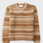 A long-sleeve crewneck knit sweater with horizontal stripes in shades of tan, brown, and cream, displayed flat against a light gray background.