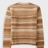 A long-sleeve crewneck knit sweater with horizontal stripes in shades of tan, brown, and cream, displayed flat against a light gray background.