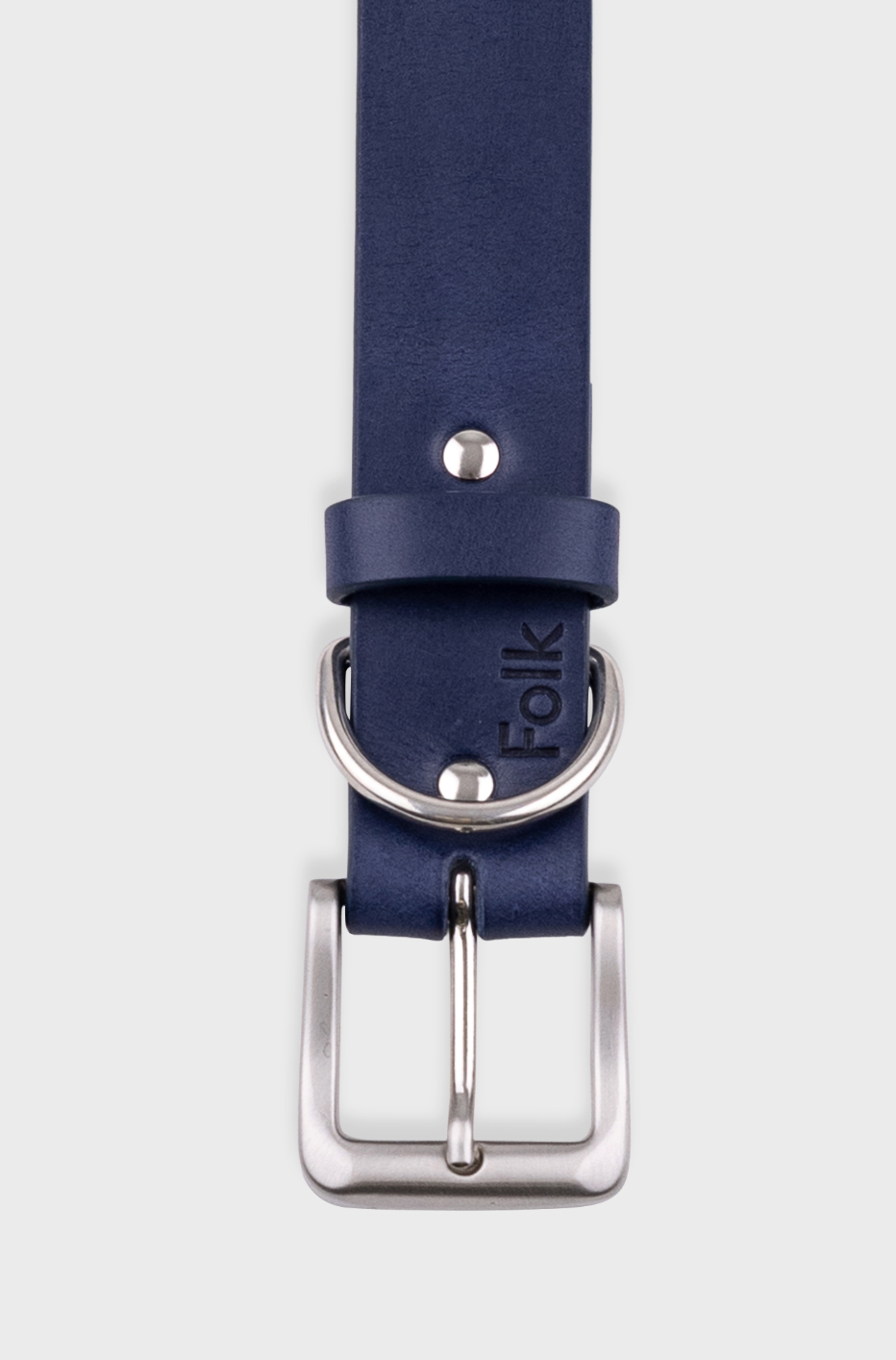 Navy leather belt with silver buckle on a white background