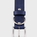 Navy leather belt with silver buckle on a white background