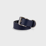 Navy leather belt with silver buckle on white background