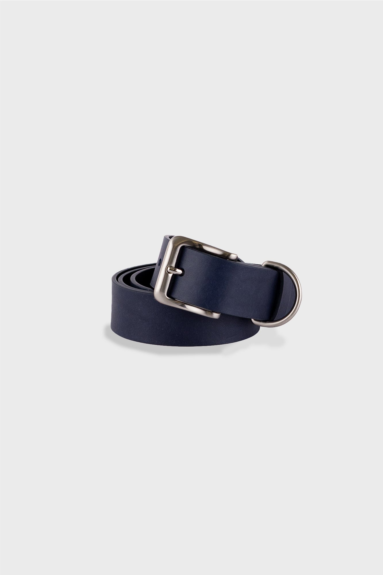 Navy leather belt with silver buckle on white background