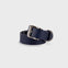 Navy leather belt with silver buckle on white background