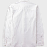 A white long-sleeve button-up shirt shown from the back, laid flat against a light gray background.