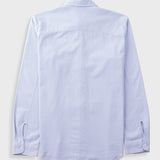 A light blue long-sleeve button-up shirt shown from the back, laid flat against a light gray background.