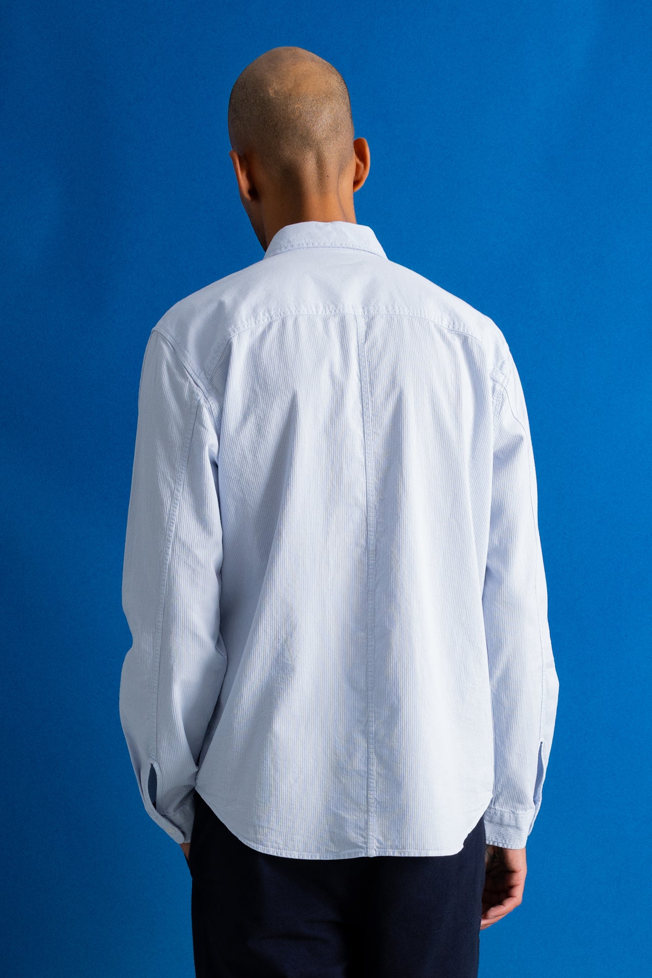 A man viewed from behind wearing a light blue long-sleeve button-down shirt and dark trousers, standing against a solid blue studio background.