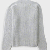 A light gray ribbed knit sweater with diagonal ribbed detailing on the shoulders and sleeves, shown from the back against a light gray background.