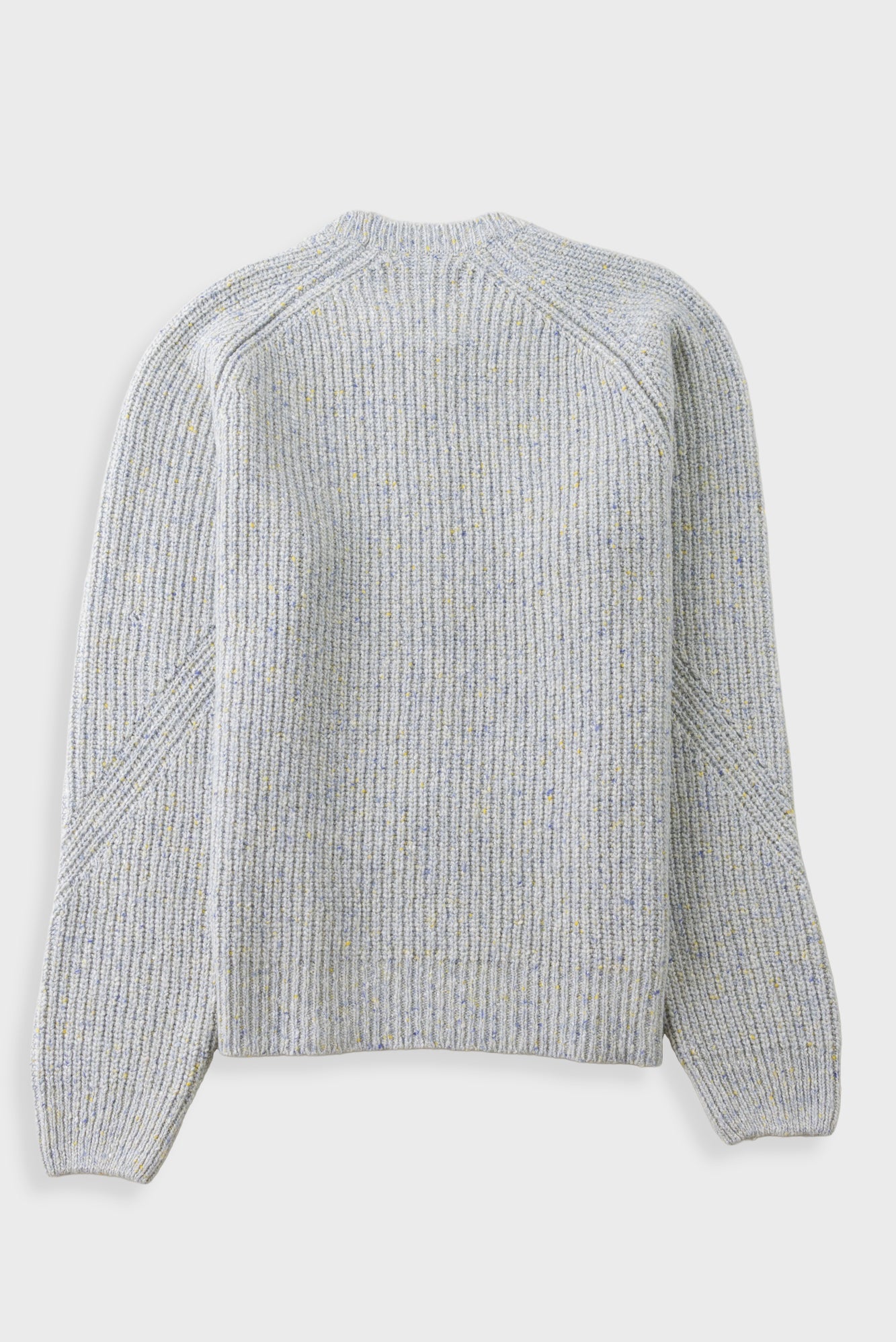 A light gray ribbed knit sweater with diagonal ribbed detailing on the shoulders and sleeves, shown from the back against a light gray background.