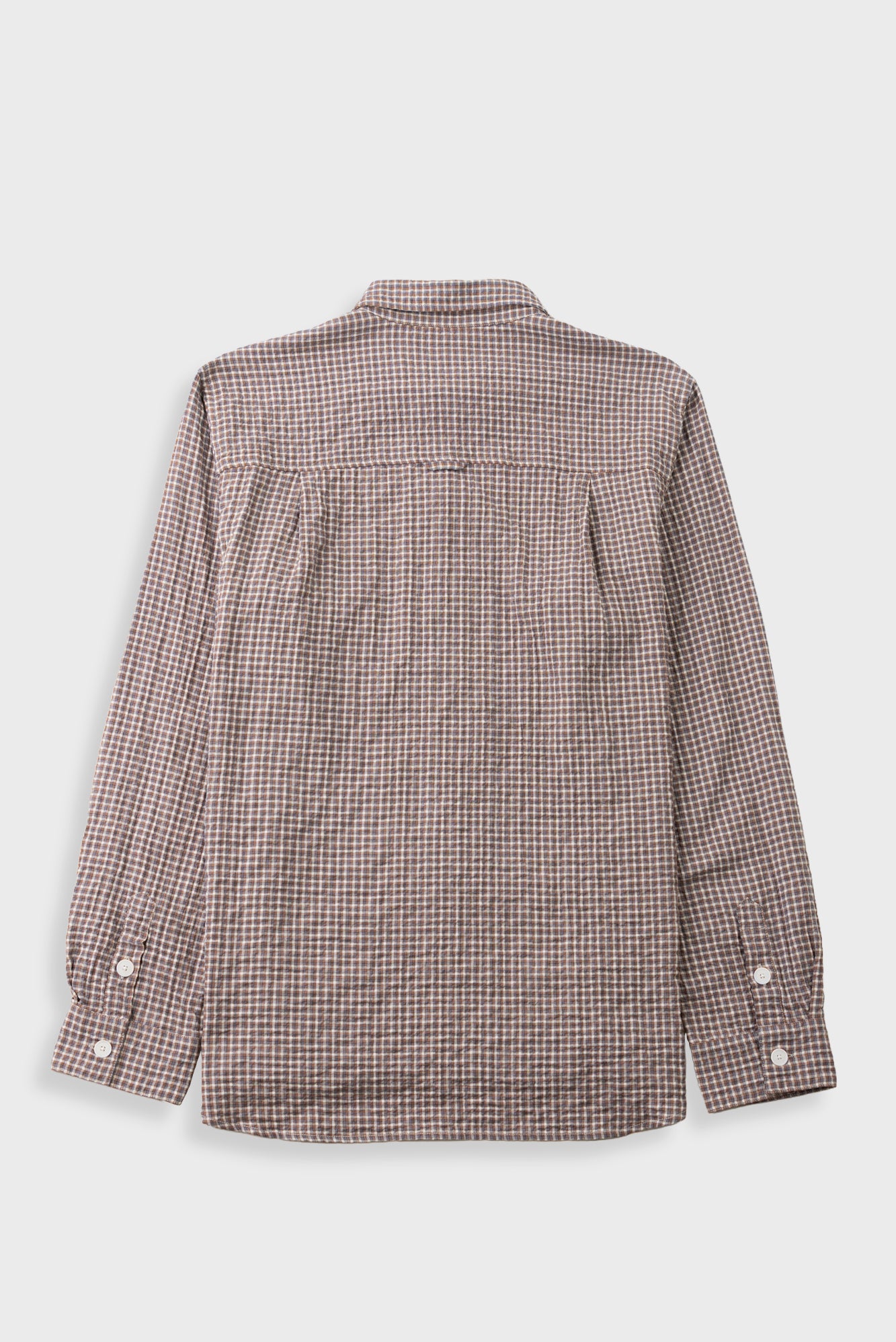 A long-sleeve button-up shirt with a brown and beige gingham check pattern, shown from the back on a light gray background.