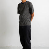A man wearing a dark green short-sleeve t-shirt with a dark navy collar, black pants, and black canvas sneakers, standing against a white studio wall.