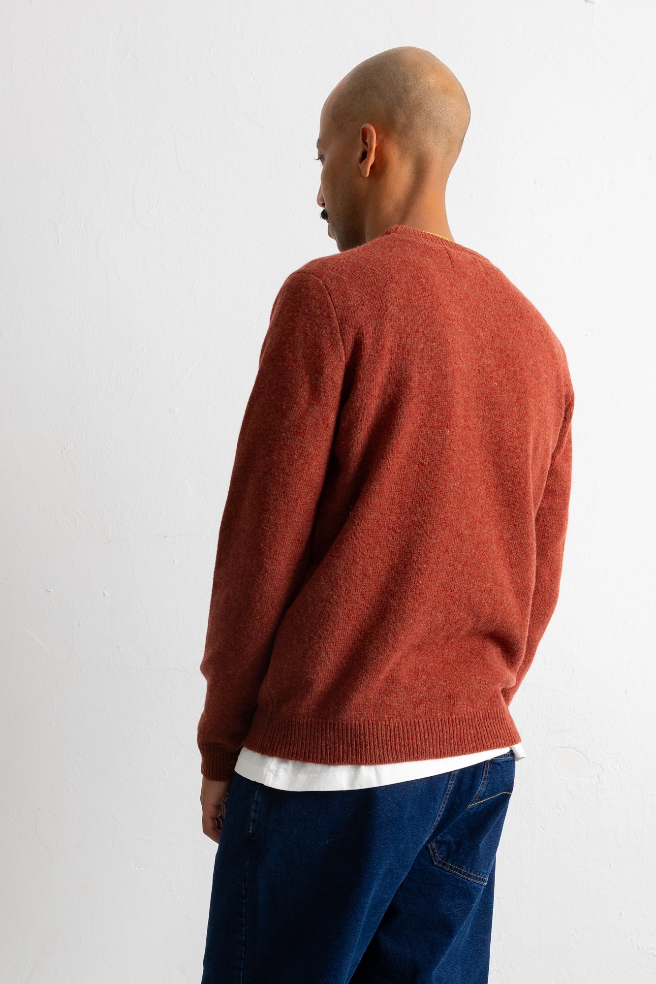 A man wearing a rust-orange knit crewneck sweater, shown from a rear three-quarter angle against a plain white studio background.