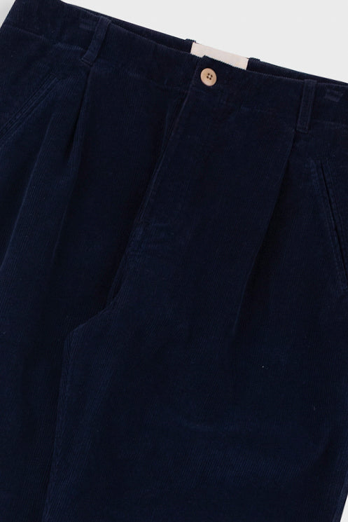 Navy blue pleated pants with a button on a white background