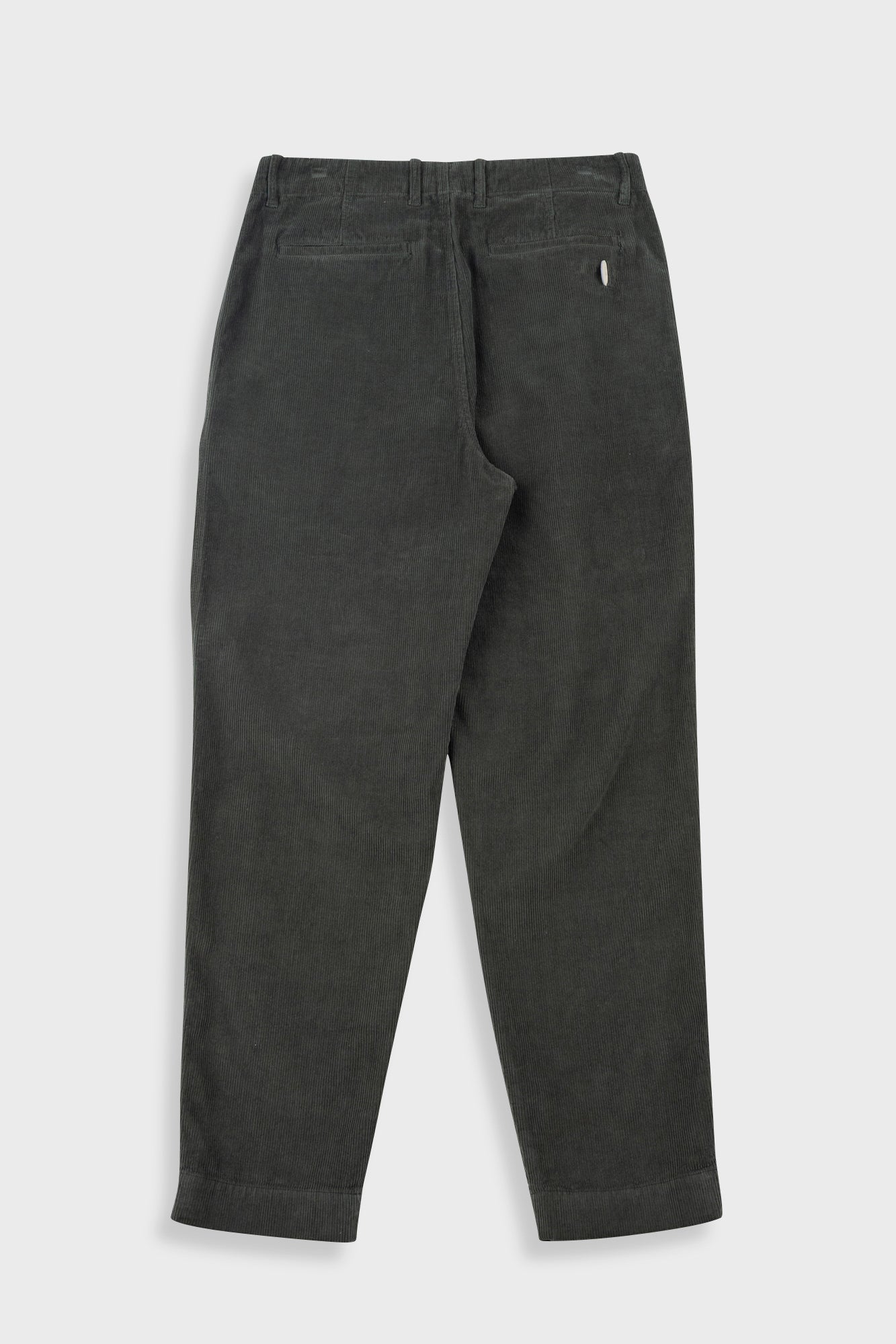 Dark green pleated pants with a close-up on the waistband and pleats.