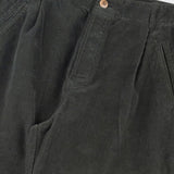 Dark green pleated pants with a close-up on the waistband and pleats.
