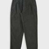Dark green pleated pants with a close-up on the waistband and pleats.