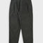 Dark green pleated pants with a close-up on the waistband and pleats.