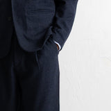 Close-up of a person wearing a dark navy wool suit, showing the jacket lapel, button, pocket, and trousers against a white textured wall.