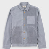 Gray corduroy shirt with button details on a white background