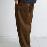 A person shown from the waist down wearing loose brown corduroy trousers, a dark textured blazer, and black shoes, standing against a white wall.