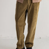 A person wearing loose brown corduroy pants, a navy cardigan over a white shirt, and black shoes, standing against a plain light wall.