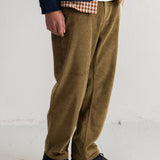 A person wearing loose olive-brown corduroy pants, a navy jacket over a white and tan check shirt, and black shoes, standing against a plain off-white wall.