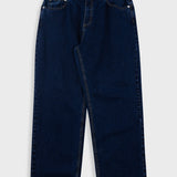 Pair of dark blue jeans on a light gray background