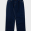 Pair of dark blue jeans on a light gray background