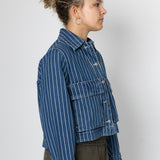 Person wearing a blue striped jacket on a white background