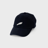A black baseball cap with a white comet detail.
