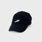 A black baseball cap with a white comet detail.