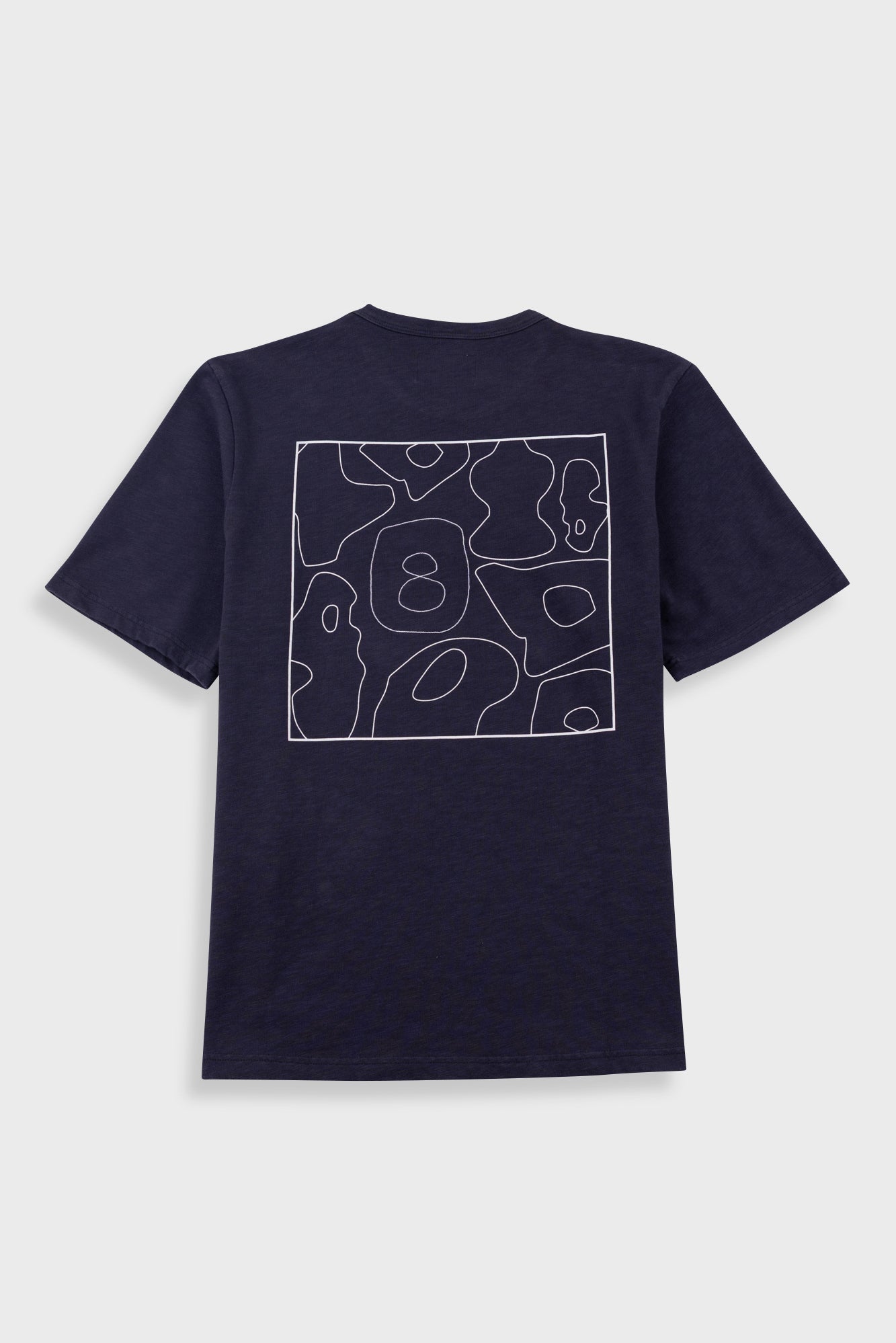 A navy blue short-sleeve t-shirt shown from the back, featuring a white abstract line-art graphic with the number 8 in the center, displayed against a light gray background.