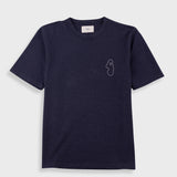 A navy blue short-sleeve crewneck t-shirt with a small white line-art graphic on the left chest, displayed flat against a light gray background.