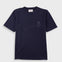 A navy blue short-sleeve crewneck t-shirt with a small white line-art graphic on the left chest, displayed flat against a light gray background.