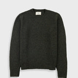 A dark olive green knitted sweatshirt against a light grey background.