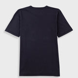 A dark navy blue short-sleeve t-shirt shown from the back, laid flat against a light gray background.