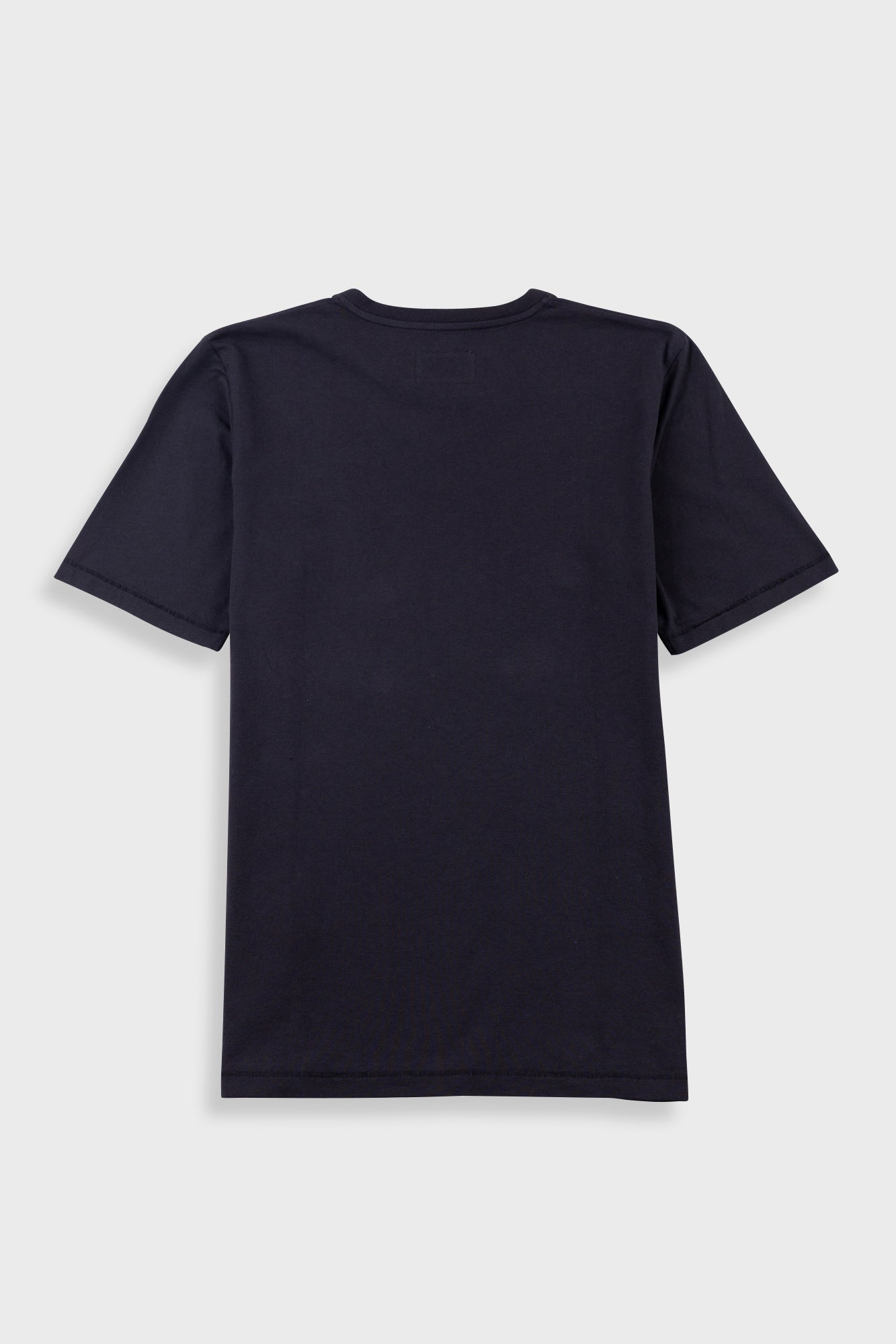 A dark navy blue short-sleeve t-shirt shown from the back, laid flat against a light gray background.